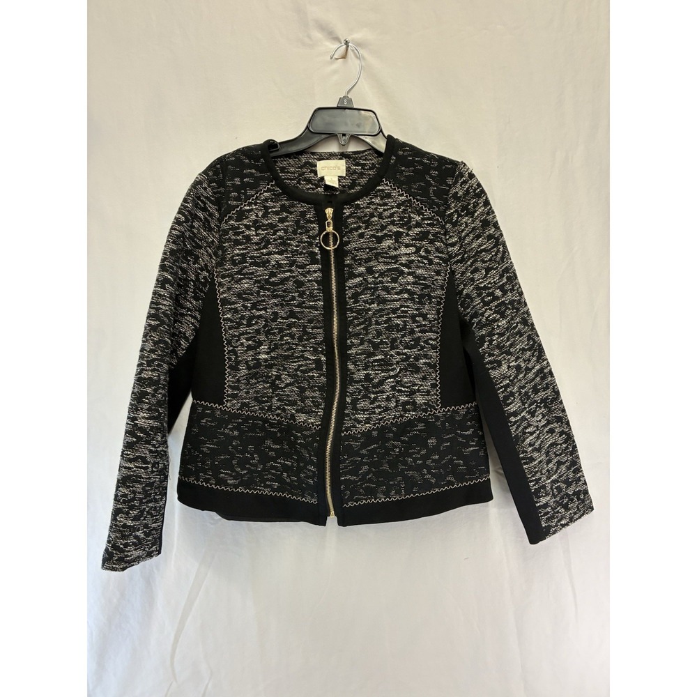 Chico's Tweed Jacket Womens 1 Black White Zip Front Blazer Gold Ring Pull